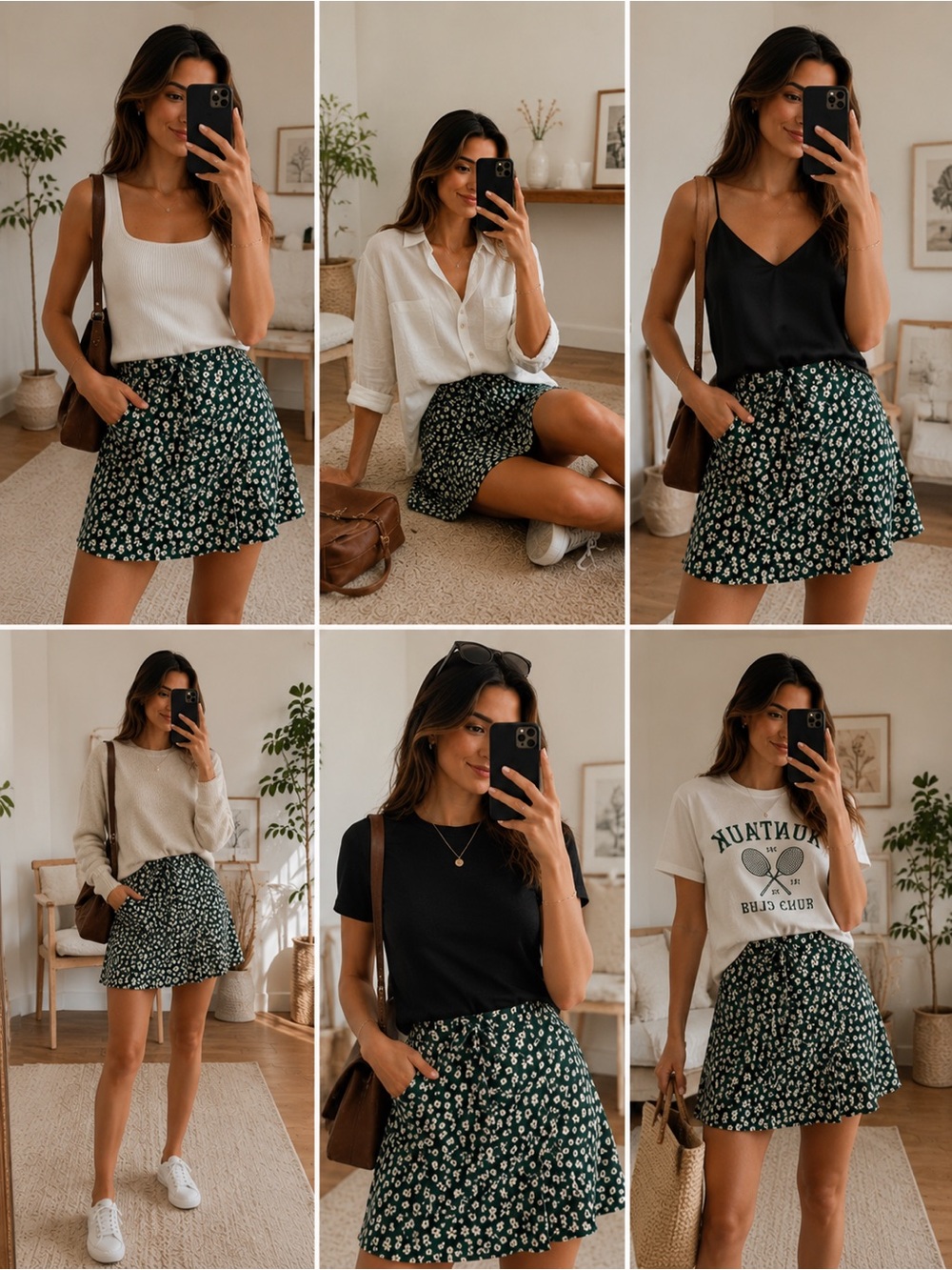 Zara Green and White Floral Tie-Front Mini Skirt